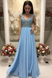 Graceful A-Line Beading Sky Blue Prom Dress With Cap Sleeves OKO96