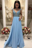 Elegant A-Line Beaded Sky Blue Prom Dress With Cap Sleeves OKO96