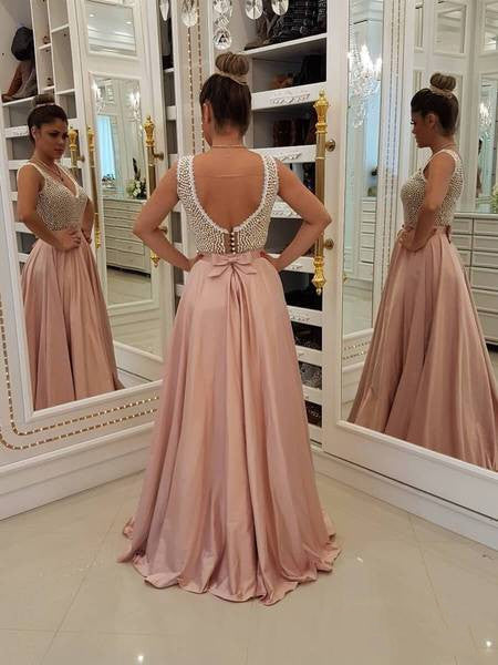 Charming Blush Pink Long Satin Prom Dress Unique Pearls Formal Evening Dress OK10