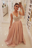 Charming Blush Pink Long Satin Prom Dress Unique Pearls Formal Evening Dress OK10