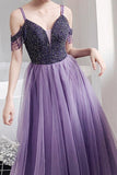 Chic Cold Shoulder Beading Lilac Tulle A Line Long Prom Party Dress OK1394