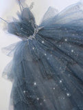 Dusty Blue Sparkly Tulle Beaded Prom Dress, Tiered Formal Gown With Rhinestone OK1932