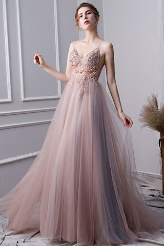 Pink A Line Spaghetti Straps Tulle Beaded Prom Dress With Appliques OKL25