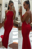 Simple Spaghetti Straps Backless Red Prom Dresses,Long Mermaid Formal Dresses OKI38