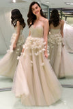 Sweetheart A Line Tulle Long Pleats Prom Dresses With Flowers OKG86