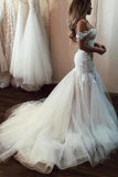 Elegant Mermaid Tulle Off Shoulder Wedding Dress with Lace Top OKU80