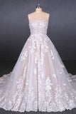 A Line Strapless Lace Appliques Wedding Dresses, Cheap Bridal Dresses OKQ16