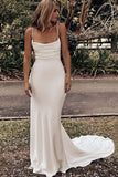 Classic Soft Satin Mermaid Wedding Dress Spaghetti Straps Criss Cross Back Trumpet Bride Dress OKV64