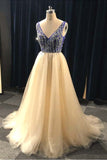 A Line V Neck Beading Tulle Long Prom Dresses, Party Dresses OKE84