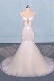 Charming Mermaid Tulle Wedding Dresses, Chapel Train Long Bridal Gown OKQ14