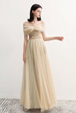 Charming Off the Shoulder A Line Tulle Long Prom Dress With Beading OKG70