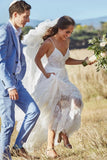 Stunning Tulle A-line Long Beach Wedding Dress Spaghett Straps Backless Boho Bridal Gowns OKY97