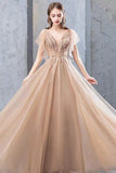 A-line Short Sleeves Tulle Beading Long Prom Dress Evening Dress OKT21