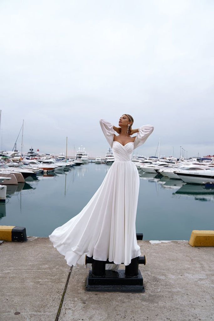 Boho A Line Chiffon Off-the-shoulder Beach Wedding Dress with Long