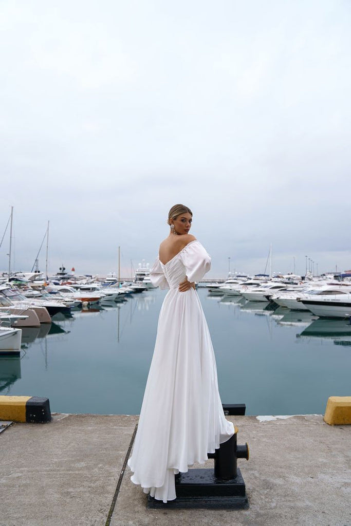 Boho A Line Chiffon Off-the-shoulder Beach Wedding Dress with Long