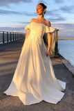 Off White Off-the-Shoulder Ruffles Sleeve A-Line Long Wedding Dress OK1541