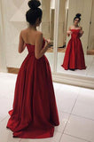 Formal Sweetheart Strapless Red Satin Long Prom Dress OKC75