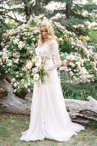 2 Pieces Lace Top Chiffon Skirt Romantic Long Sleeves Wedding Dress OKM82