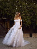 Simple A-Line Off the Shoulder White Beach Wedding Dress OKM89