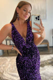 Charming Mermaid Deep V Neck Purple Sequins Long Prom Dress N122