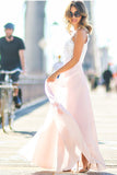 Modest Chiffon A Line Long Prom Dress,Blush Pink White Lace Evening Dresses OK156