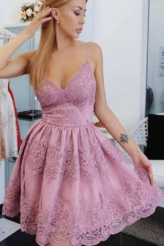 Spaghetti Strap Short A Line Homecoming Dress with Lace Appliqes OKM39