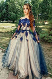 Unique Long Sleeve Off the Shoulder Tulle Long Prom Dress  Blue Appliques Party Dress OKT49