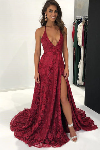 Sexy Prom Dresses,Halter Prom Gown,Burgundy Prom Dress,Lace Prom Dress,Front Slit Prom   Dress