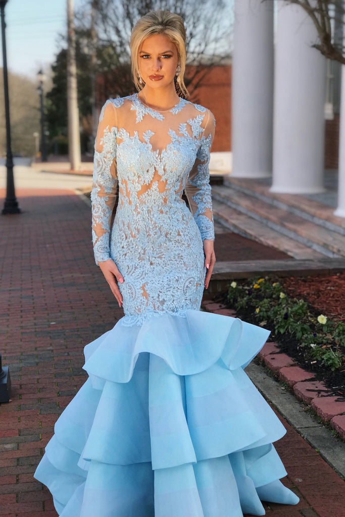 Long Sleeves Prom Dresses,Mermaid Prom Gown,Blue Prom Dress,Lace Prom Dress
