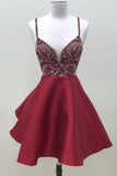 Spaghetti Straps Dark Red Short Prom Dress Homecoming Dresses OKO59