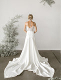 Elegant A-Line V Neck Spaghetti Straps Wedding Dress with Lace OKM90