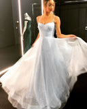 Sparkly Spaghetti Straps A Line Tulle Sequined Long Prom Dress OKW87