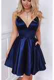 Dark Blue Short A Line Satin Homecoming Dress With Pockets Short Formal Prom Dress OKY74