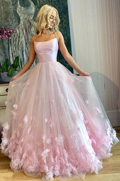 Light Pink Spaghetti Straps Long Prom Dress 3D Flowers Evening Dress OKQ85