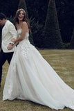 Sweetheart Tulle A-line Appliques Wedding Dress with Lace Beach Wedding Gown OKU39