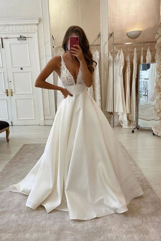 White Deep V Neck Satin Lace Top Long Prom Dress Wedding Dress