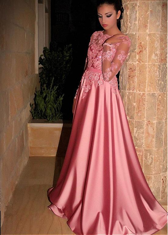 Gorgeous Satin Jewel A-Line Long Sleeves Pink Prom Dress With Lace Appliques OK914
