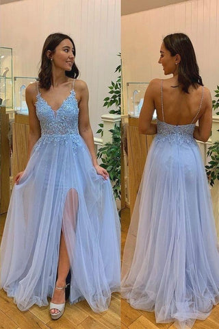 Elegant Spaghetti Straps Evening Party Dress Sky Blue Appliques Long Prom Dress With Slit OKW81