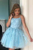 A-line Sky Blue Lace Appliqued Spaghetti Straps Short Homecoming Dress Sweet 16 Dress OKY18