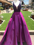 Purple A Line Beading V Neck Prom Gowns With Pockets Cheap Formal Evening Dress OKI65