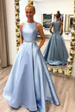 Sky Blue A-line Beading Long Prom Dress With Pockets Fashion School Dance Dress OKT32