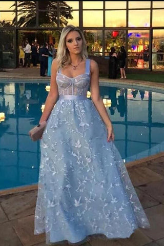 Stunning Lace Straps Floor Length Prom Dresses A Line Long Blue Formal Dresses OKZ85