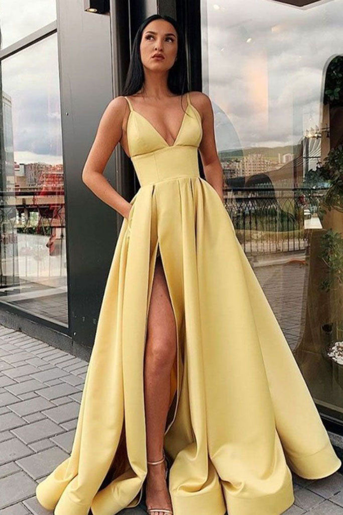 Charming A Line Spaghetti Straps Yellow Prom Dress with Front Slit OKQ86
