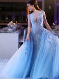 Sky Blue Tulle Sleeveless Scoop Appliques Long Prom Dress OK1304