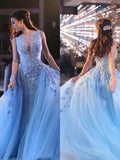 Sky Blue Tulle Sleeveless Scoop Appliques Long Prom Dress OK1304