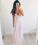 Chiffon A Line Long Evening Dresses, Lace Top Charming Prom Dresses OKE24
