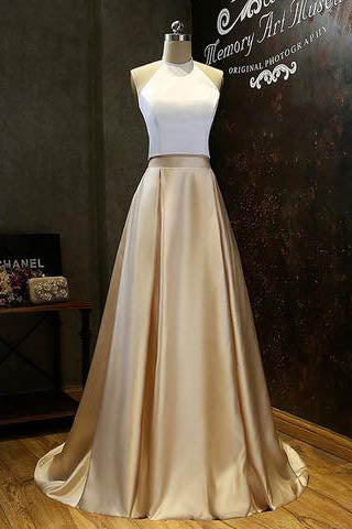 Simple Two-Piece Gold Halter Long Prom Evening Dress With White Top –  Okdresses