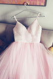 simple spaghetti straps v neck tulle pink prom/evening dresses, pink tulle bridal dress OK228