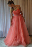 Charming Tulle Pleat Sweetheart Watermelon Prom Dresses,Long A Line Evening Dress OKF59