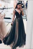 Black Deep V Neck A-Line Prom Dresses,Long Tulle Evening Dress OKD27